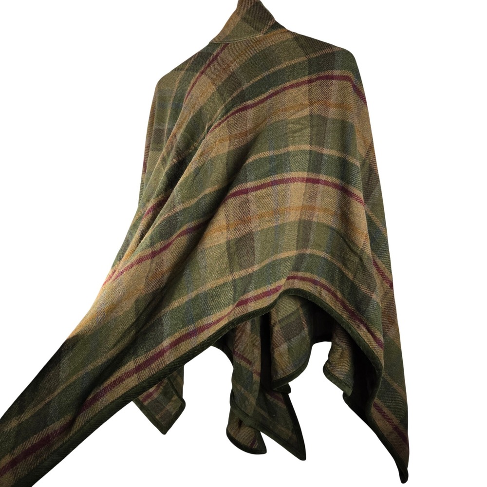 Chaps Green Plaid Wool Blend Button Neck Poncho Cape Wrap Size Medium - Picture 3 of 9